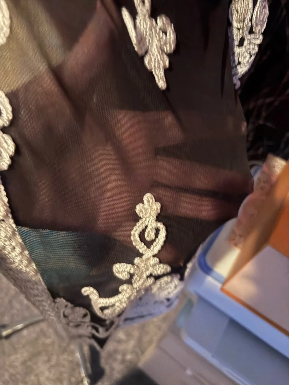 Sheer Black Embroidered open cardigan with White ribbon Lace Detail - Picture 9 of 13